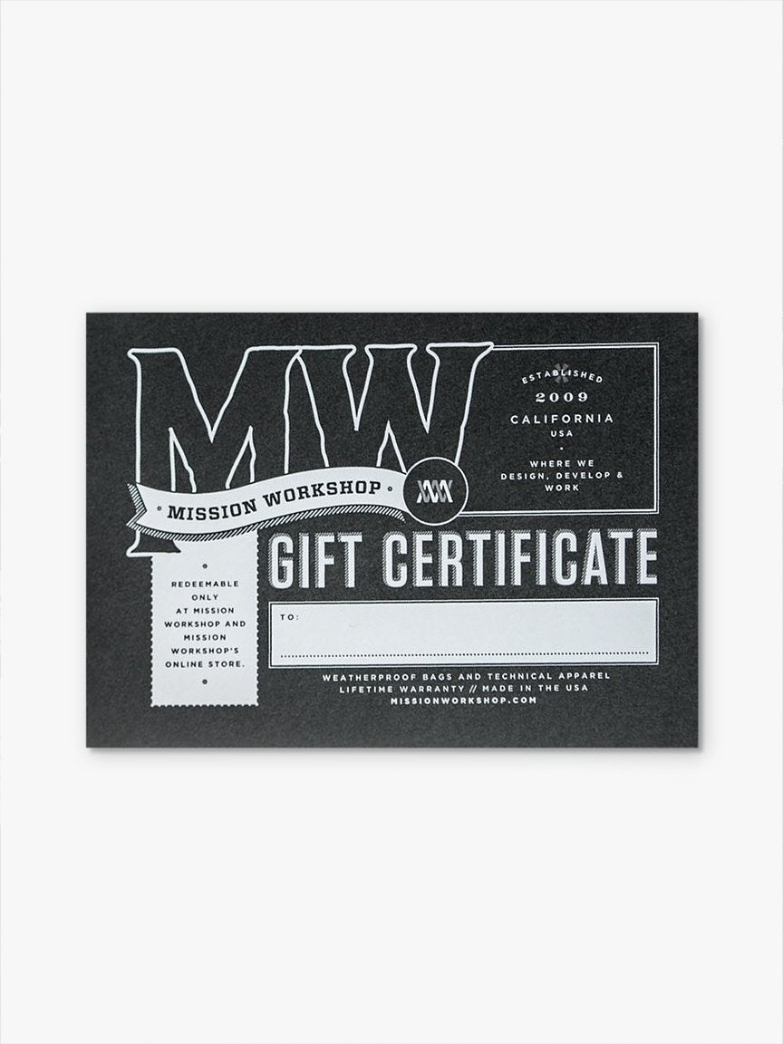 Digital Gift Cards by Mission Workshop - Weatherproof Bags & Technical Apparel - San Francisco & Los Angeles - Built to endure - Guaranteed forever